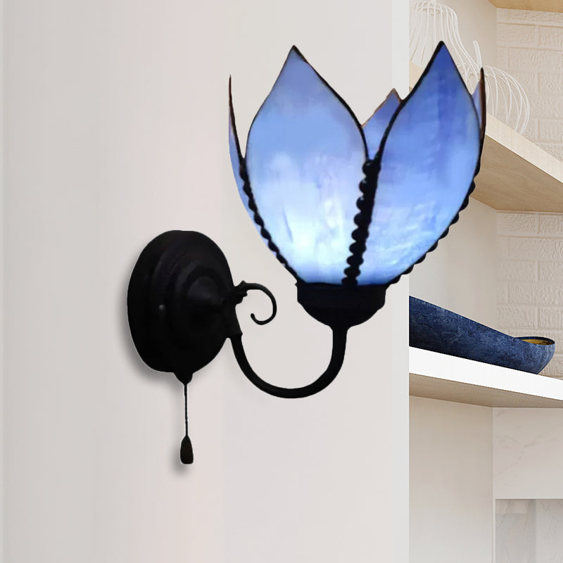 BowLift | A light Petal wall lighting with curved arm and pull chain, stained glass rustic wall lamp