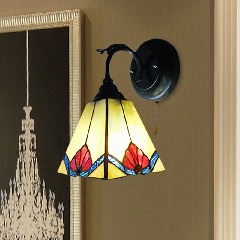 BowLift | Flower Mini Wall Light with Pyramid Shade Stained Glass 1 Light Lodge Wall Light in Black