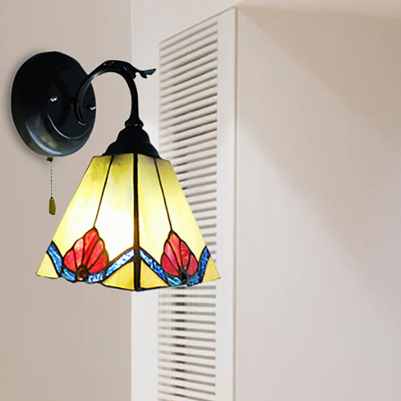 BowLift | Flower Mini Wall Light with Pyramid Shade Stained Glass 1 Light Lodge Wall Light in Black