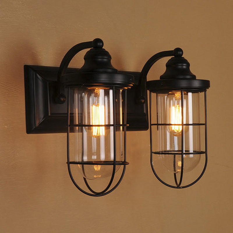 BowLift | Industrial wire cage wall lighting 1/2-lamp clear glass wall lamp in black for stairs.