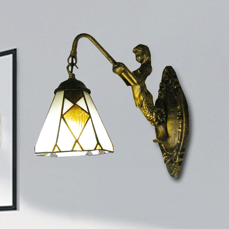 BowLift | Tiffany Cone Wall Mount Lighting 1 Head Beige Glass Wall Lamp with Mermaid Backplate