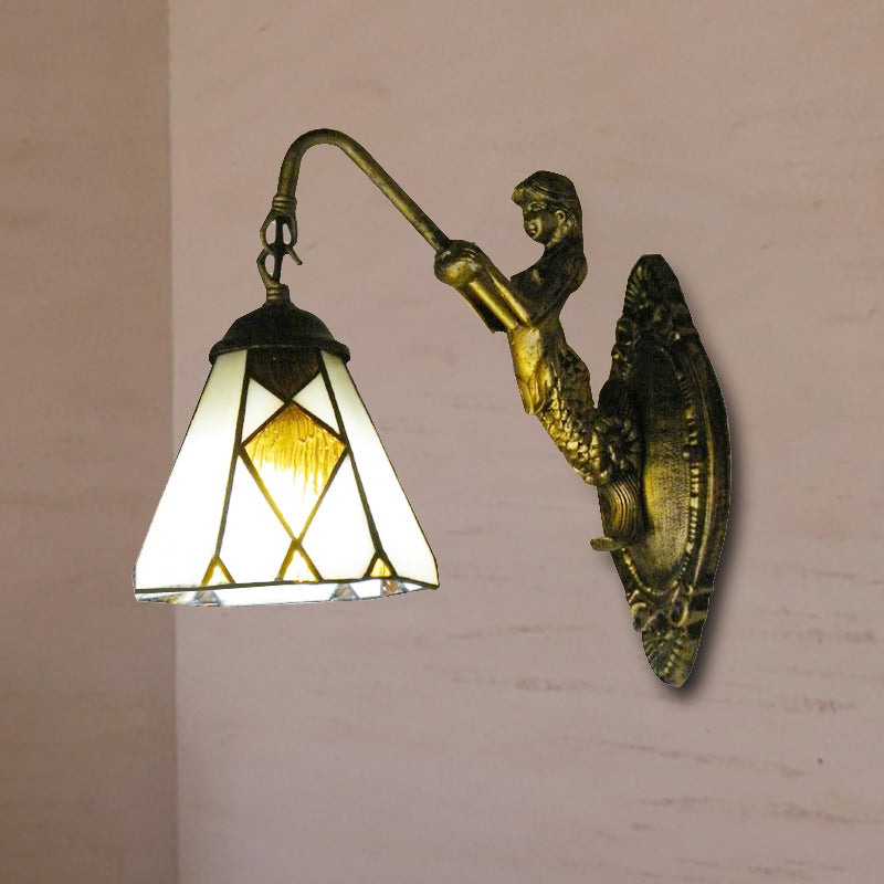 BowLift | Tiffany Cone Wall Mount Lighting 1 Head Beige Glass Wall Lamp with Mermaid Backplate
