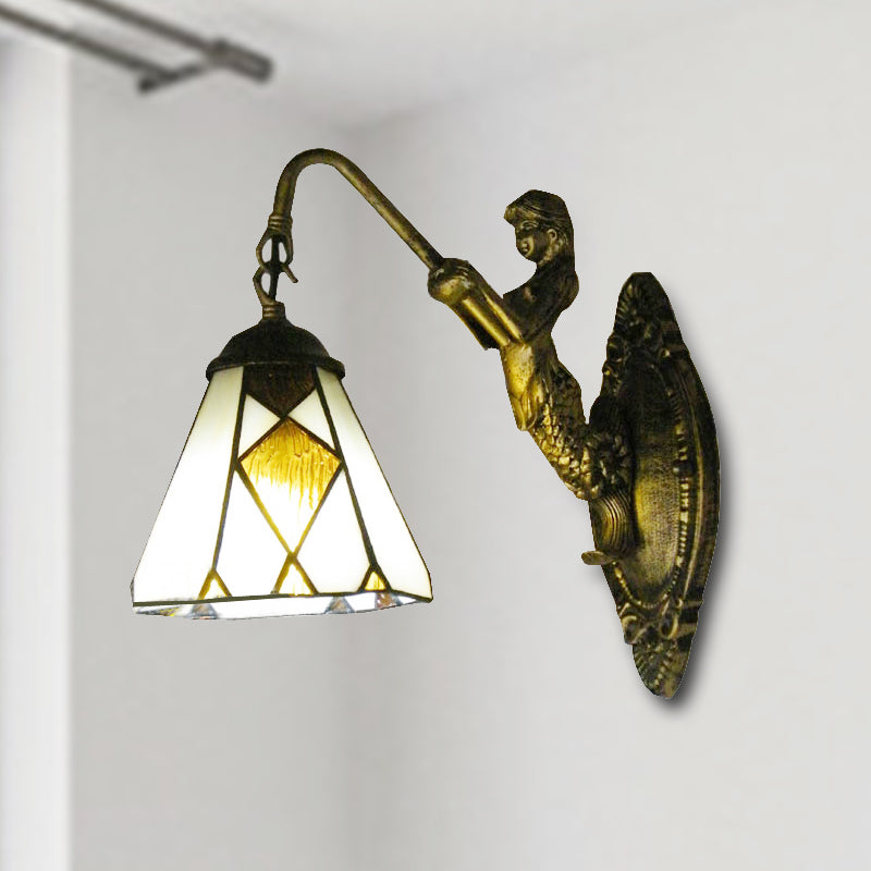 BowLift | Tiffany Cone Wall Mount Lighting 1 Head Beige Glass Wall Lamp with Mermaid Backplate