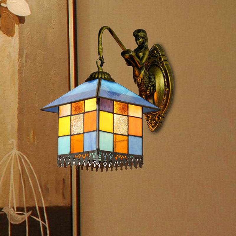 BowLift | House Wall Light Mediterranean Multicolor Stained Glass 1 Head Antique Brass Wall Light