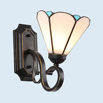 BowLift | Tiffany Style Mission Wall Mount Fixture Engraved Glass 1 Light Wall Sconces in Blue-White/Blue/Beige/White for Stair
