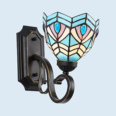BowLift | Tiffany Style Mission Wall Mount Fixture Engraved Glass 1 Light Wall Sconces in Blue-White/Blue/Beige/White for Stair