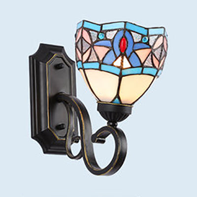 BowLift | Tiffany Style Mission Wall Mount Fixture Engraved Glass 1 Light Wall Sconces in Blue-White/Blue/Beige/White for Stair