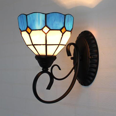 BowLift | Tiffany Scalloped Edged Wall Lamp Tempered Glass 1 Head Multicolor Wall Mount Fixture in Chandelier Blue/Beige/Blue-White for Stair