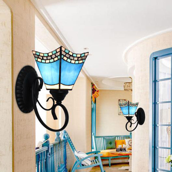 BowLift | Tiffany Scalloped Edged Wall Lamp Tempered Glass 1 Head Multicolor Wall Mount Fixture in Chandelier Blue/Beige/Blue-White for Stair