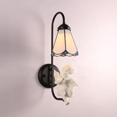 BowLift | White Glass Cone Wall Light Tiffany 1 Head Black Wall Mount Light with Trumpet/Violin/Bird Decoration
