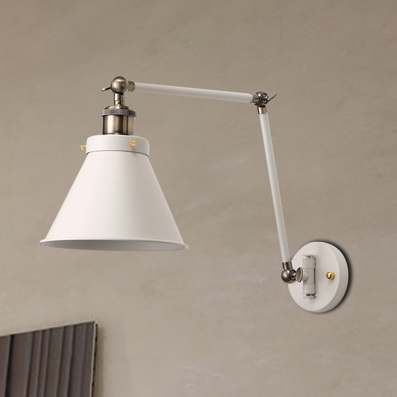 BowLift | Cone Wall Lamp Fixture Industrial Style Metal 1 Bulb Black/White Wall Light with Swing Arm for Bedroom