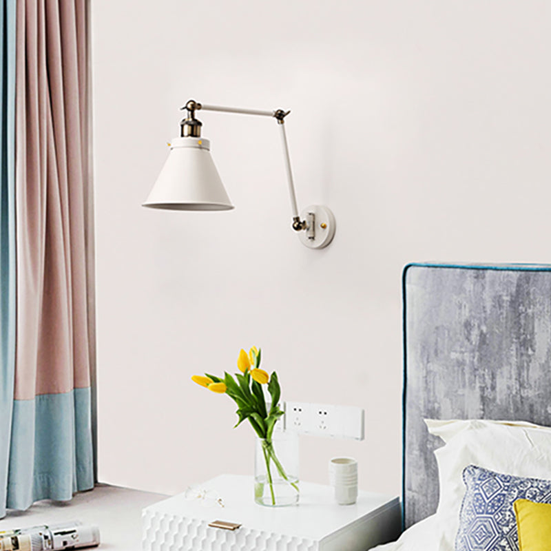 BowLift | Cone Wall Lamp Fixture Industrial Style Metal 1 Bulb Black/White Wall Light with Swing Arm for Bedroom