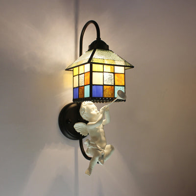 BowLift | House Stained Glass Wall Light Baroque 1 Head Black Wall Mounted Lamp with Boy/Bird/Angel Decoration
