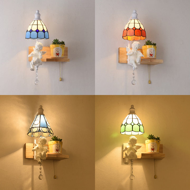 BowLift | Tiffany Scalloped Wall Mount Fixture Stained Glass 1 Light Wall Lamp with Amor Decoration in Yellow/Orange/Green/Clear/Blue