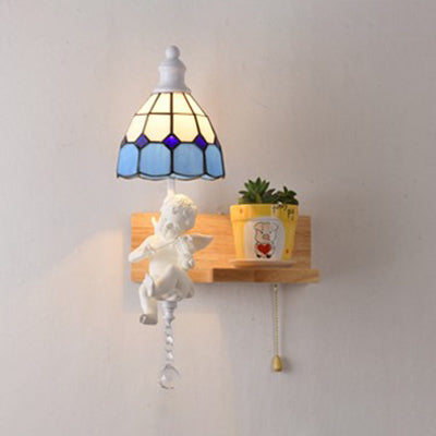 BowLift | Tiffany Scalloped Wall Mount Fixture Stained Glass 1 Light Wall Lamp with Amor Decoration in Yellow/Orange/Green/Clear/Blue