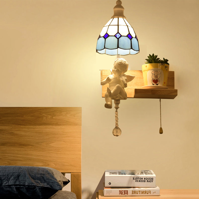 BowLift | Tiffany Scalloped Wall Mount Fixture Stained Glass 1 Light Wall Lamp with Amor Decoration in Yellow/Orange/Green/Clear/Blue