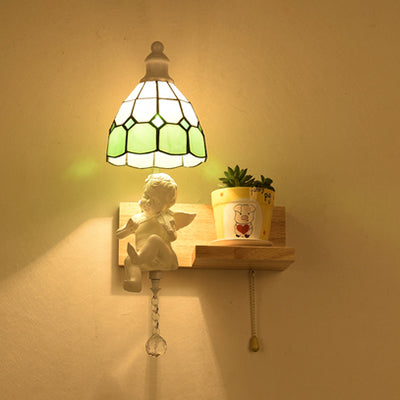 BowLift | Tiffany Scalloped Wall Mount Fixture Stained Glass 1 Light Wall Lamp with Amor Decoration in Yellow/Orange/Green/Clear/Blue