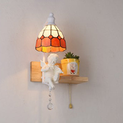 BowLift | Tiffany Scalloped Wall Mount Fixture Stained Glass 1 Light Wall Lamp with Amor Decoration in Yellow/Orange/Green/Clear/Blue