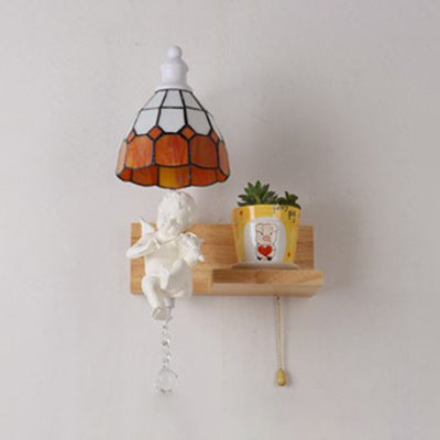 BowLift | Tiffany Scalloped Wall Mount Fixture Stained Glass 1 Light Wall Lamp with Amor Decoration in Yellow/Orange/Green/Clear/Blue