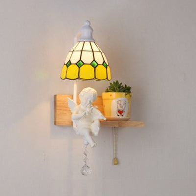 BowLift | Tiffany Scalloped Wall Mount Fixture Stained Glass 1 Light Wall Lamp with Amor Decoration in Yellow/Orange/Green/Clear/Blue