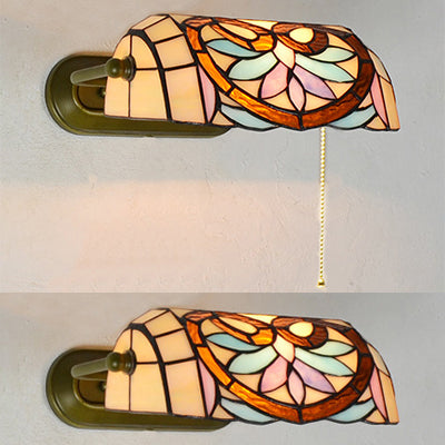 BowLift | Tiffany Banker Wall Lamp with/without pull cord Etched glass 1 light Wall mounting fixture with flower pattern in beige