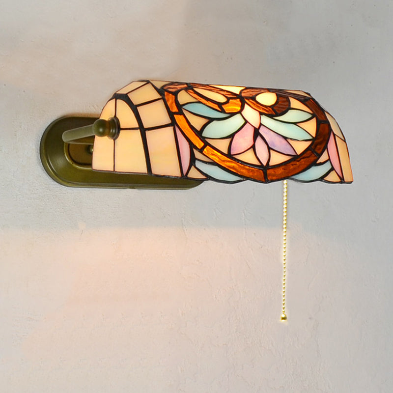 BowLift | Tiffany Banker Wall Lamp with/without pull cord Etched glass 1 light Wall mounting fixture with flower pattern in beige