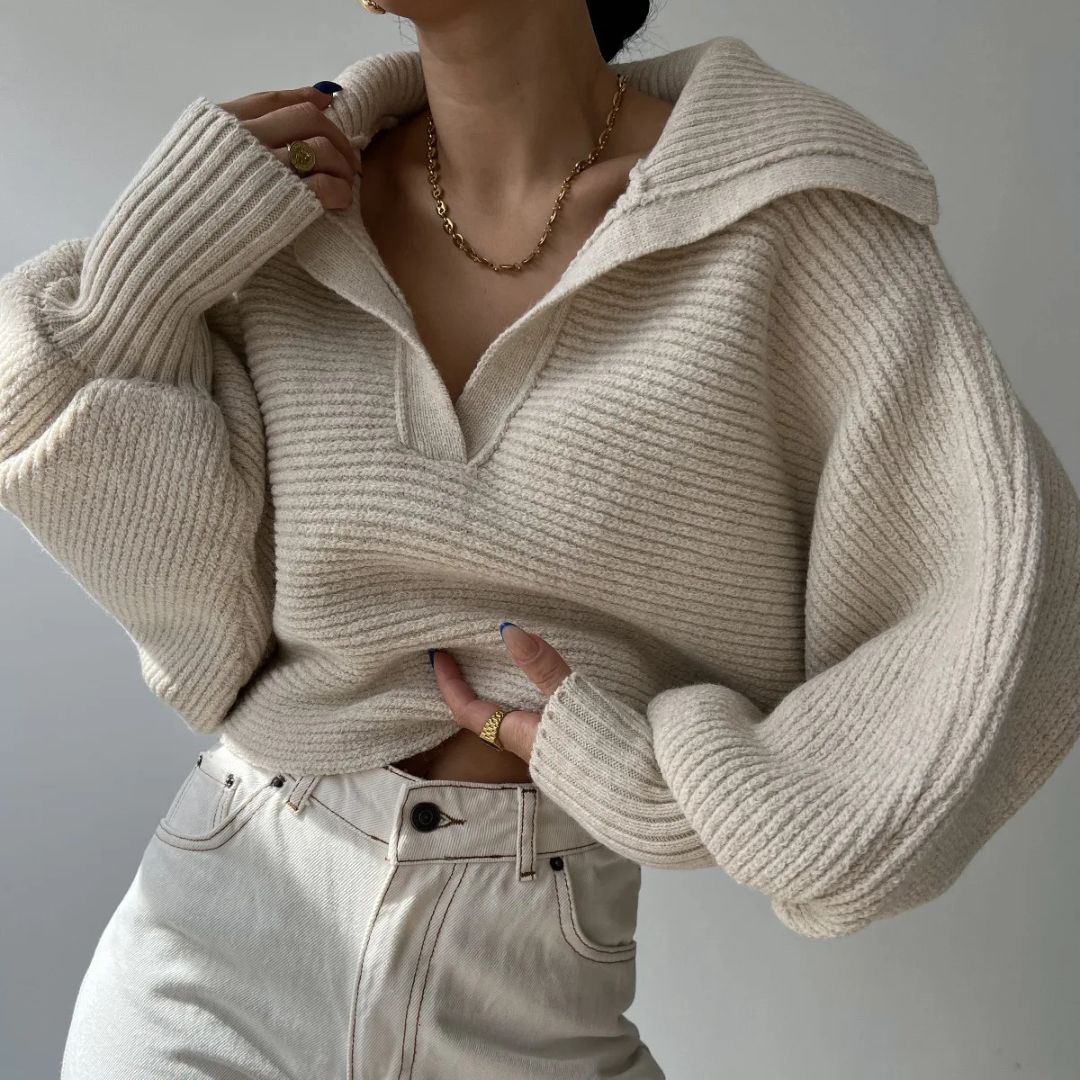 Ribbed V-Neck Sweater in Soft Stretch Knit