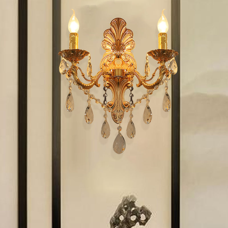 BowLift | Candle Holder Wall Lamp Postmodern Metal 1/2 Heads Living Room Sconce Lamp in Brass with Crystal Drop Accent