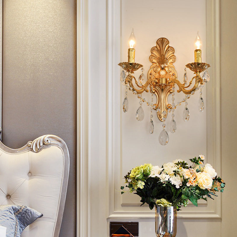 BowLift | Candle Holder Wall Lamp Postmodern Metal 1/2 Heads Living Room Sconce Lamp in Brass with Crystal Drop Accent
