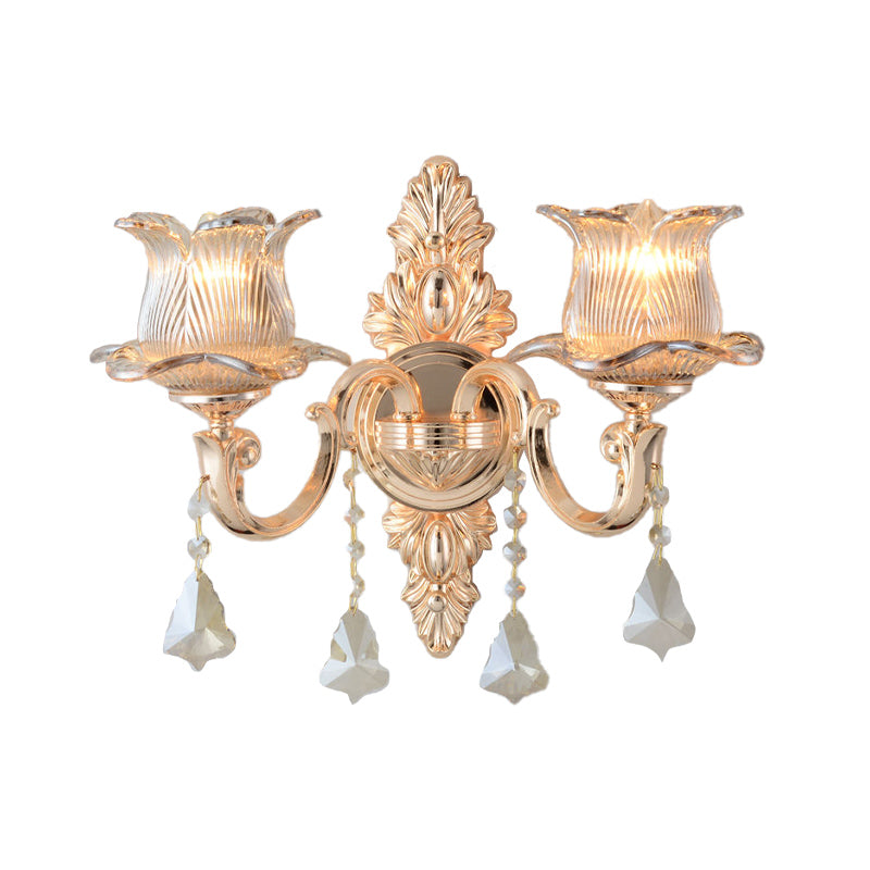 BowLift | Flower Wall Mounted Light Source Modern Prism Glass 1/2 Heads Brass Wall Lamp with Crystal Drop Accent