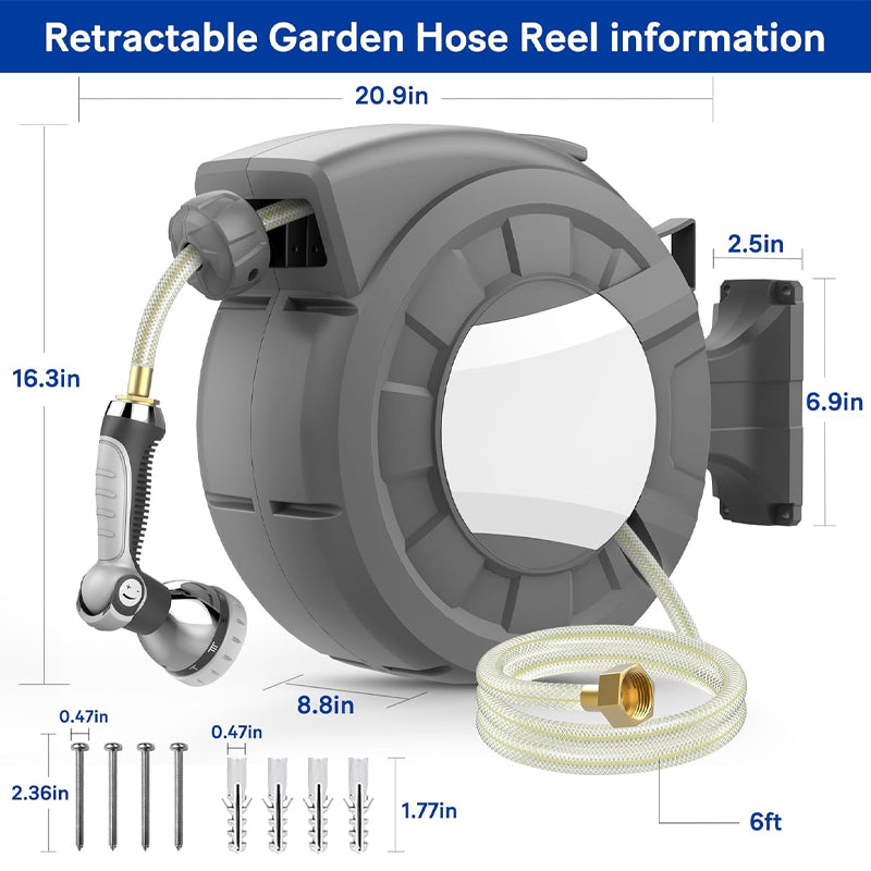 BowLift | 100' x 1/2" Retractable Garden Hose Reel with 10-Pattern Nozzle 180° Swivel Wall-Mounted Hose Reel