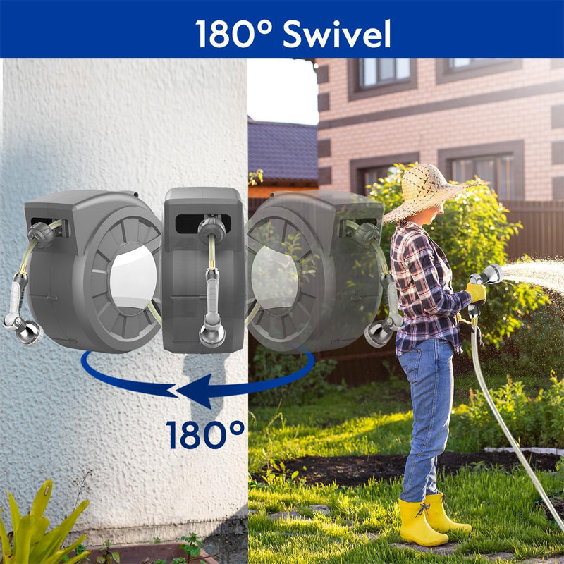 BowLift | 100' x 1/2" Retractable Garden Hose Reel with 10-Pattern Nozzle 180° Swivel Wall-Mounted Hose Reel