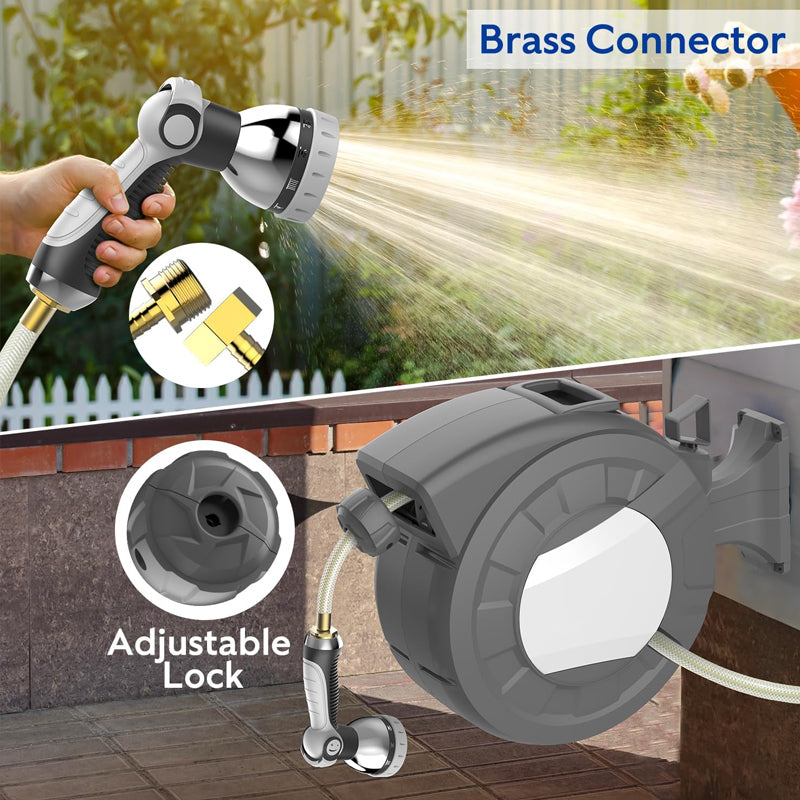 BowLift | 100' x 1/2" Retractable Garden Hose Reel with 10-Pattern Nozzle 180° Swivel Wall-Mounted Hose Reel