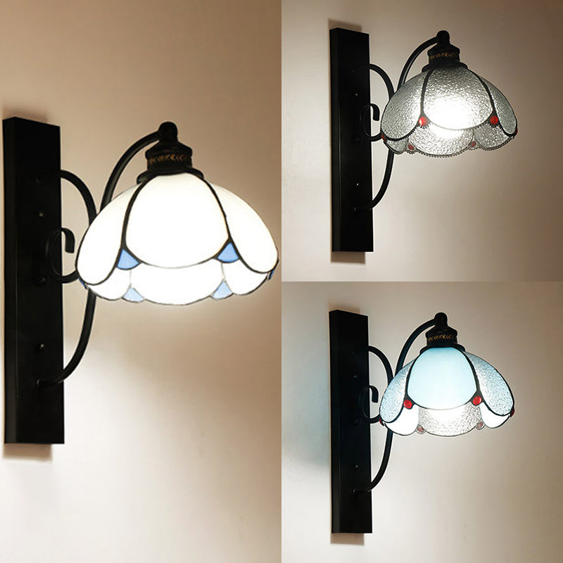 BowLift | Tiffany Scalloped Wall Mount Light with Rectangular Backplate Speckled Glass 3 Lights Wall Lighting in White/Transparent/Blue