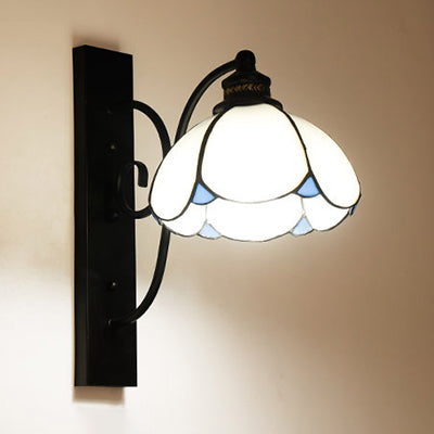 BowLift | Tiffany Scalloped Wall Mount Light with Rectangular Backplate Speckled Glass 3 Lights Wall Lighting in White/Transparent/Blue