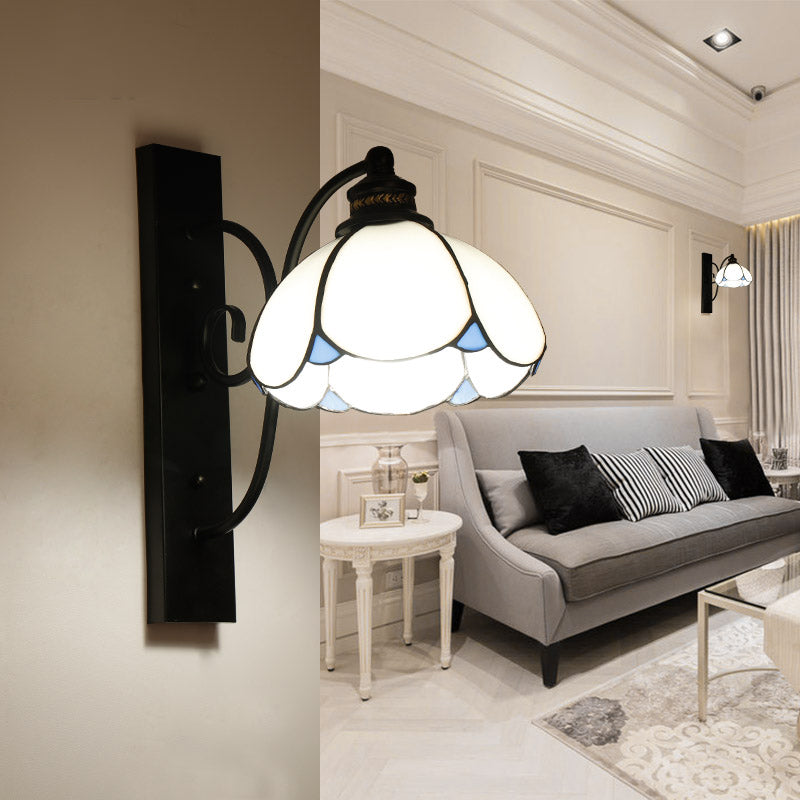 BowLift | Tiffany Scalloped Wall Mount Light with Rectangular Backplate Speckled Glass 3 Lights Wall Lighting in White/Transparent/Blue