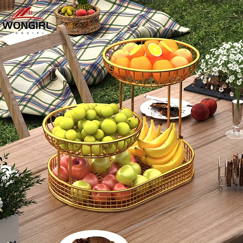 BowLift | Elegant Multi-Tier Metal Fruit Basket - Golden Wire Oval Design | Perfect for Snacks, Cakes & Desserts | Ideal for Easter, Thanksgiving, Christmas Outdoor Celebrations, Outdoor Dining Accessory|Multitier Design|Sturdy Structure, Fruit Decor