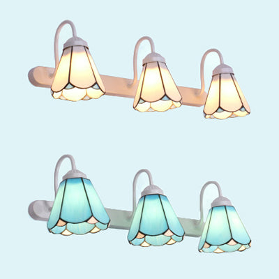 BowLift | 3 Heads Wall Sconce Light Tiffany Cone White/Blue Glass Vanity Light Fixture for Bathroom