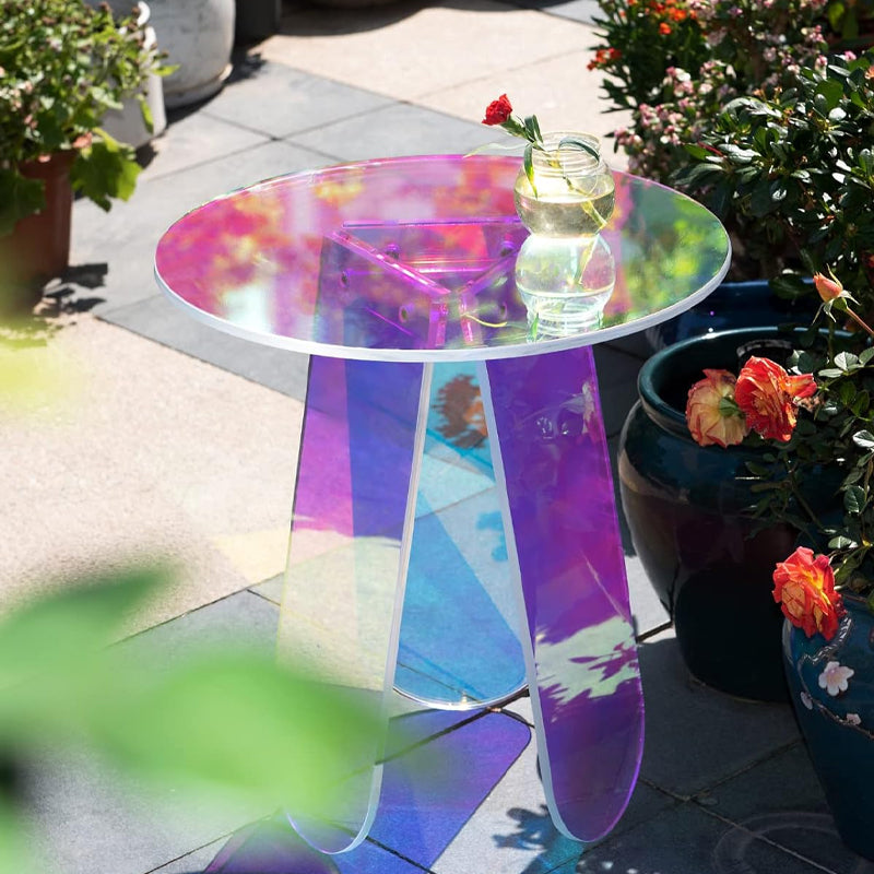 BowLift | Round Side Table Iridescent Acrylic Coffee Table Modern Accent Table Colorful Table for Bed Room Living Room