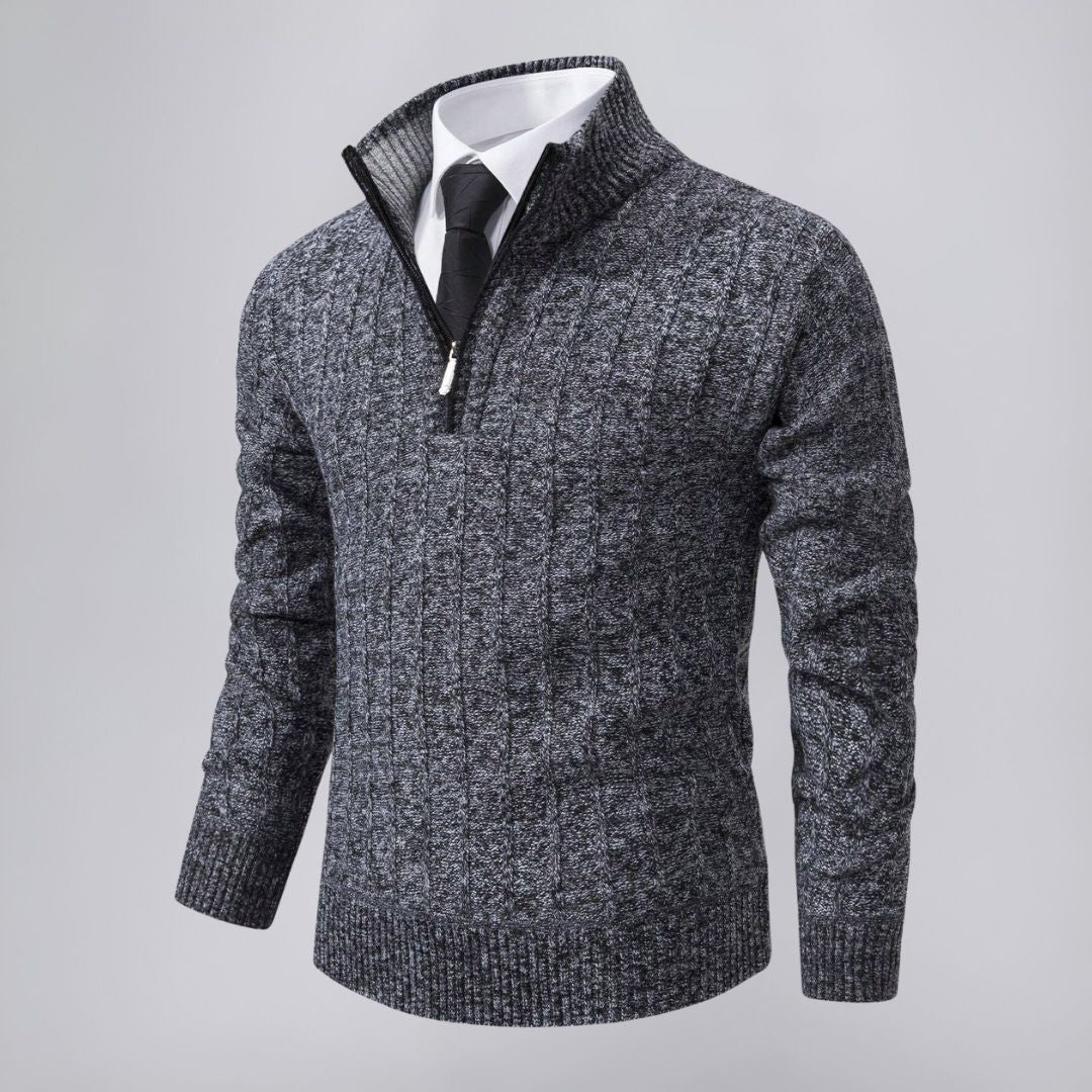 Quarter-Zip Sweater with Cable Knit Pattern and Mock Neck