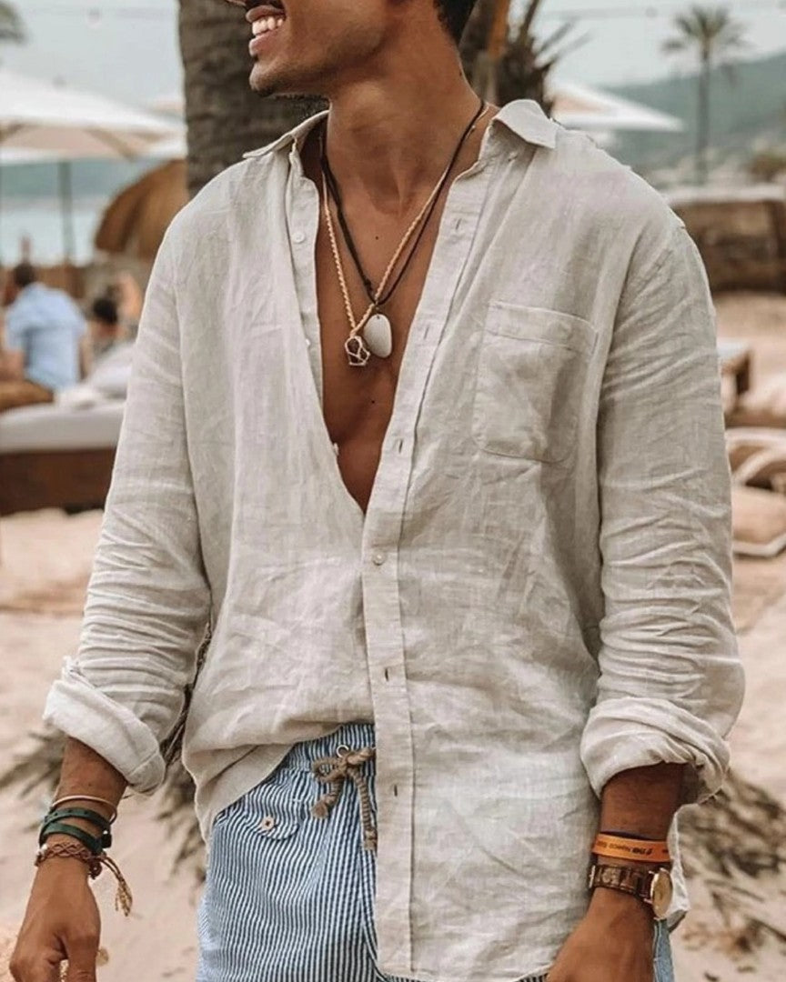 Long Sleeve Linen Shirt with Stand Collar and Relaxed Fit
