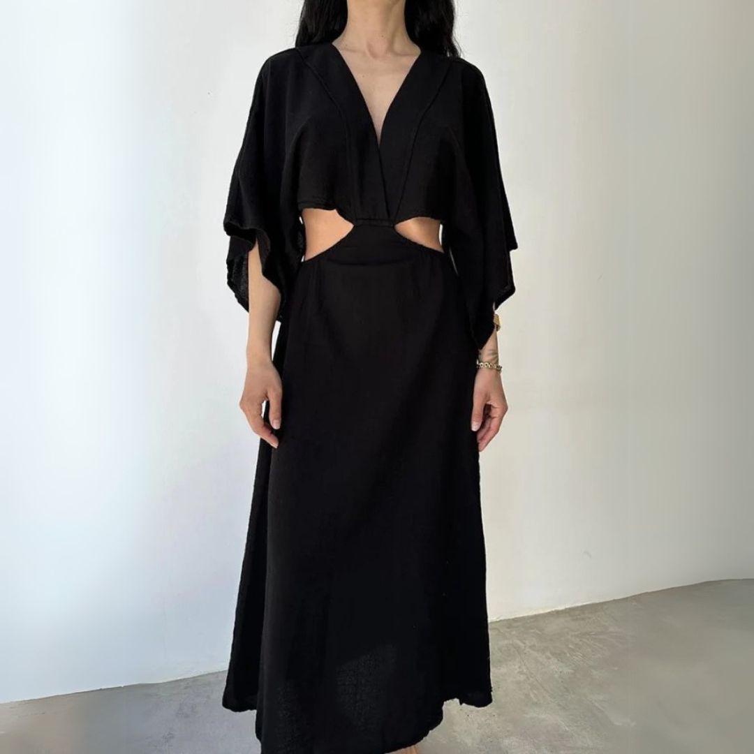 Maxi Dress with V-Neckline, High Slit, and Cut-Out Waist