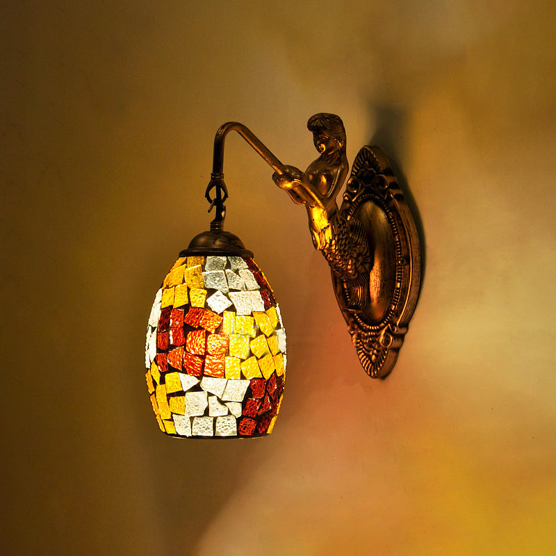 BowLift | Dome Vanity Lamp 1 Light Silver/Red/Yellow Stained Glass Mediterranean Style Wall Light for Bathroom