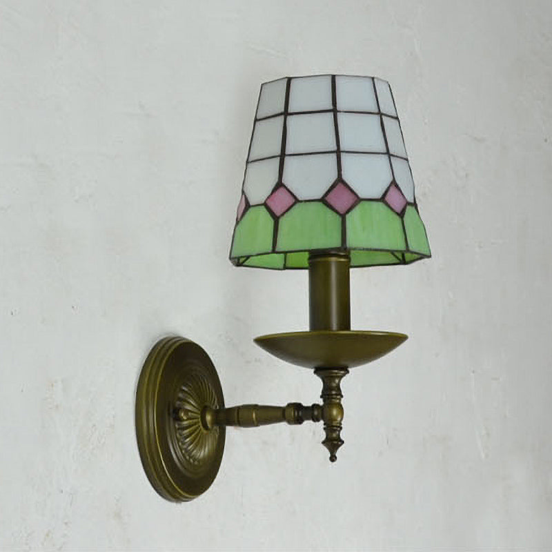 BowLift | Tiffany Grid Patterned Wall Lighting Fixture 1 Light Hand-Cut Glass Wall Lamp in Orange/Blue/Green