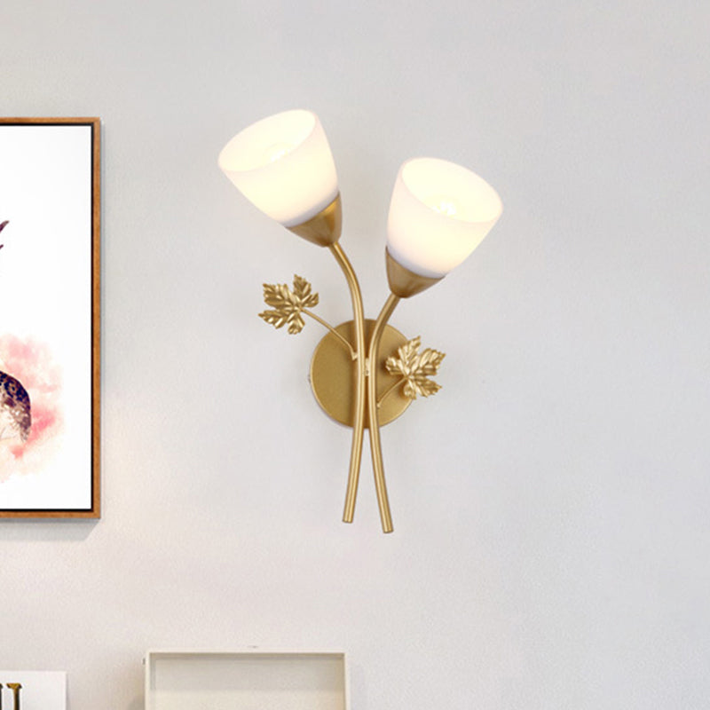 BowLift | Floral Wall Lamp Modernist Milk Glass 2 Light Sources Black/Gold Wall Light with Metal Leaf