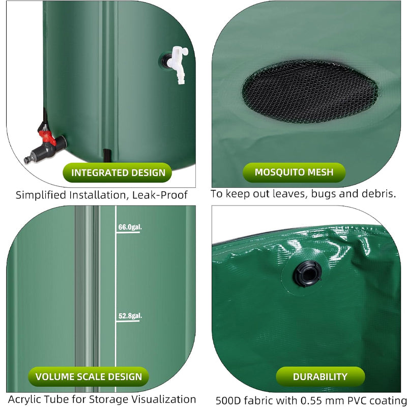 BowLift | 100 Gallon Collapsible Rain Barrel Large Capacity PVC Rainwater Collection System with Filter Spigots Overflow Kit