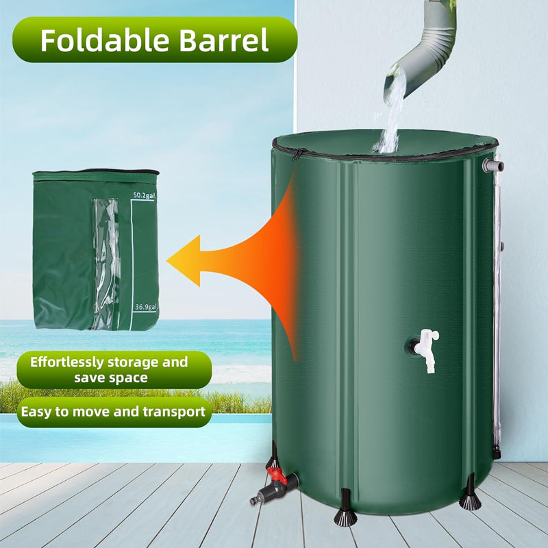 BowLift | 100 Gallon Collapsible Rain Barrel Large Capacity PVC Rainwater Collection System with Filter Spigots Overflow Kit