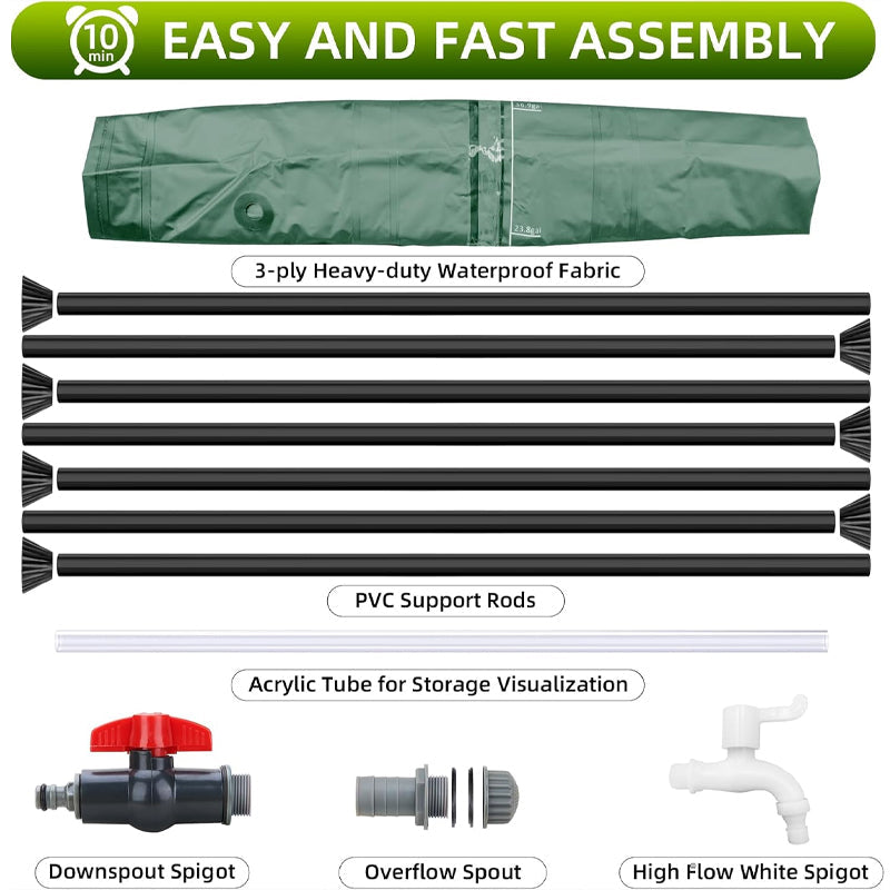 BowLift | 100 Gallon Collapsible Rain Barrel Large Capacity PVC Rainwater Collection System with Filter Spigots Overflow Kit