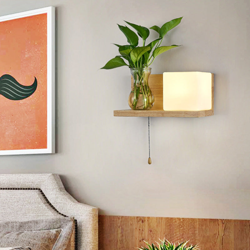 BowLift | Minimalism Square Wall Lamp Fixture 1 Main White Glass LED Wall Light in Wood, Left/Right