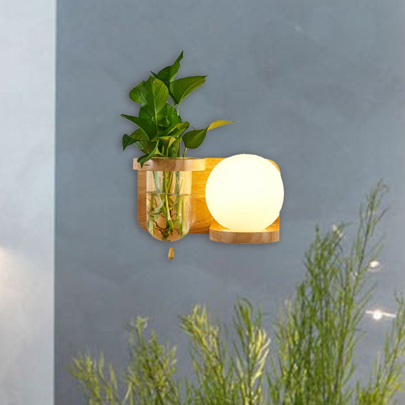 BowLift | Ball White Glass Wall Lamp Industry 1 Bulb Bedroom LED Wall Lamp Fixture in Wood, Left/Right
